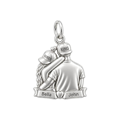 King and Queen Couple Charm Bracelet – Personalized Couple Gift – silver charm, front view