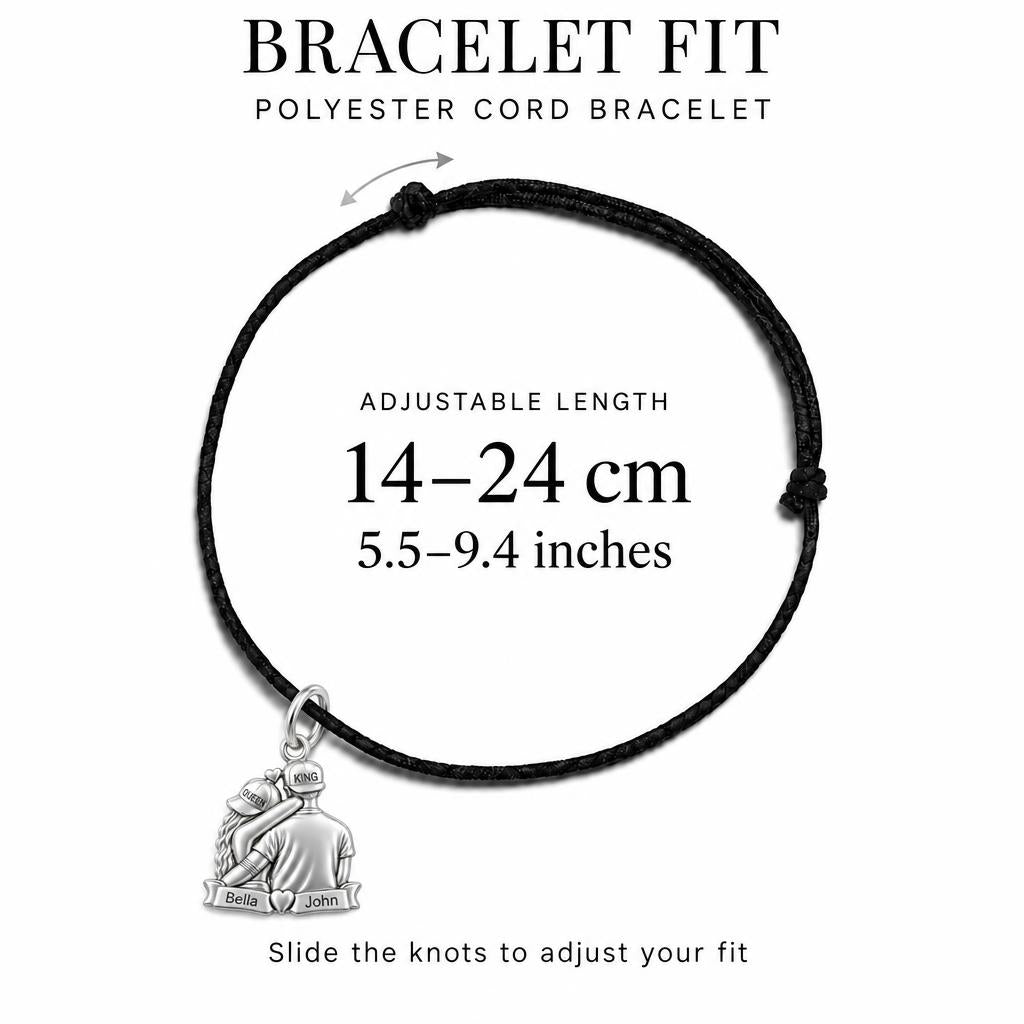 King and Queen Couple Charm Bracelet – Personalized Couple Gift – adjustable black cord bracelet, 14–24 cm