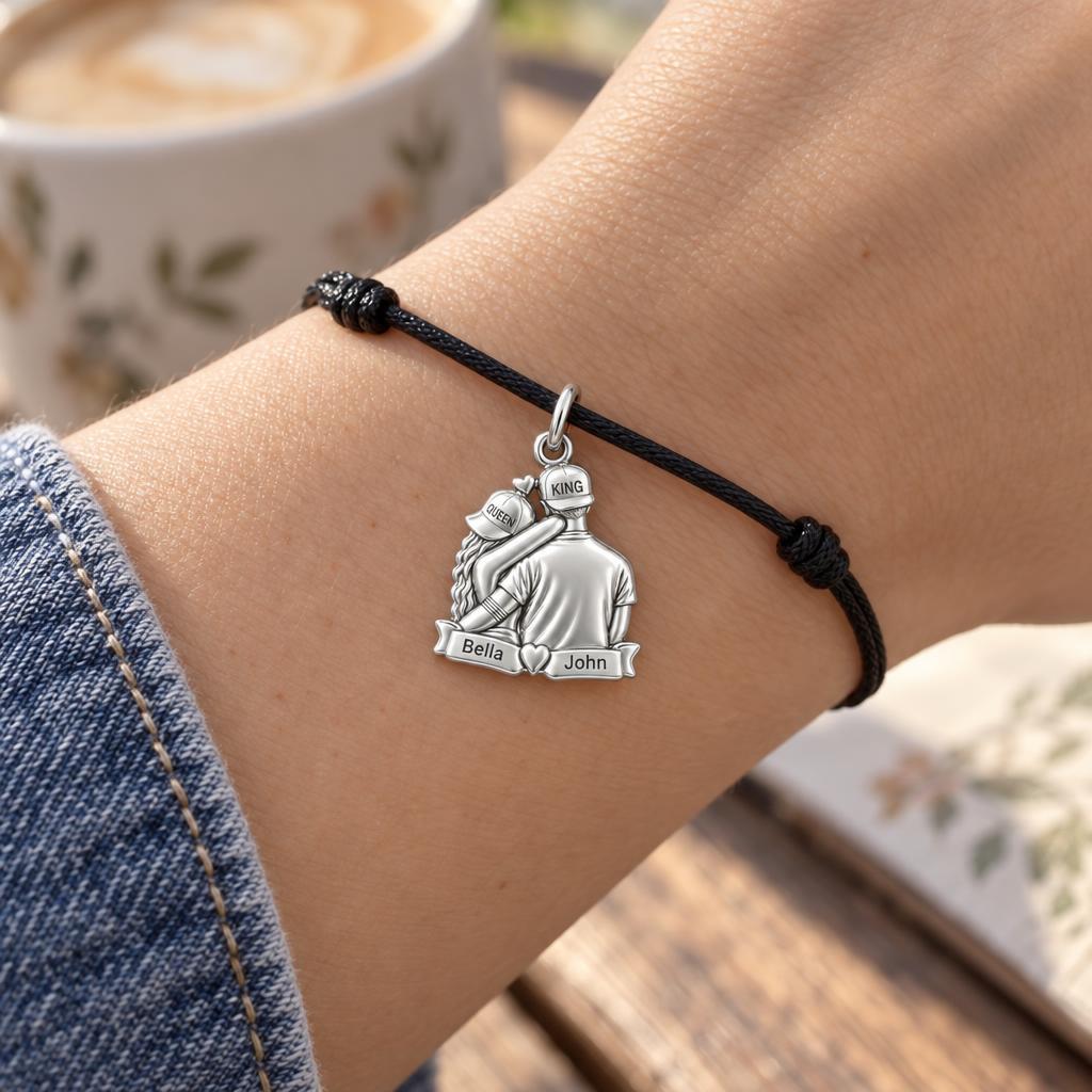 King and Queen Couple Charm Bracelet – Personalized Couple Gift – worn on the wrist on a black cord bracelet