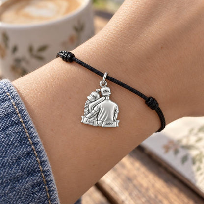 King and Queen Couple Charm Bracelet – Personalized Couple Gift – worn on the wrist on a black cord bracelet