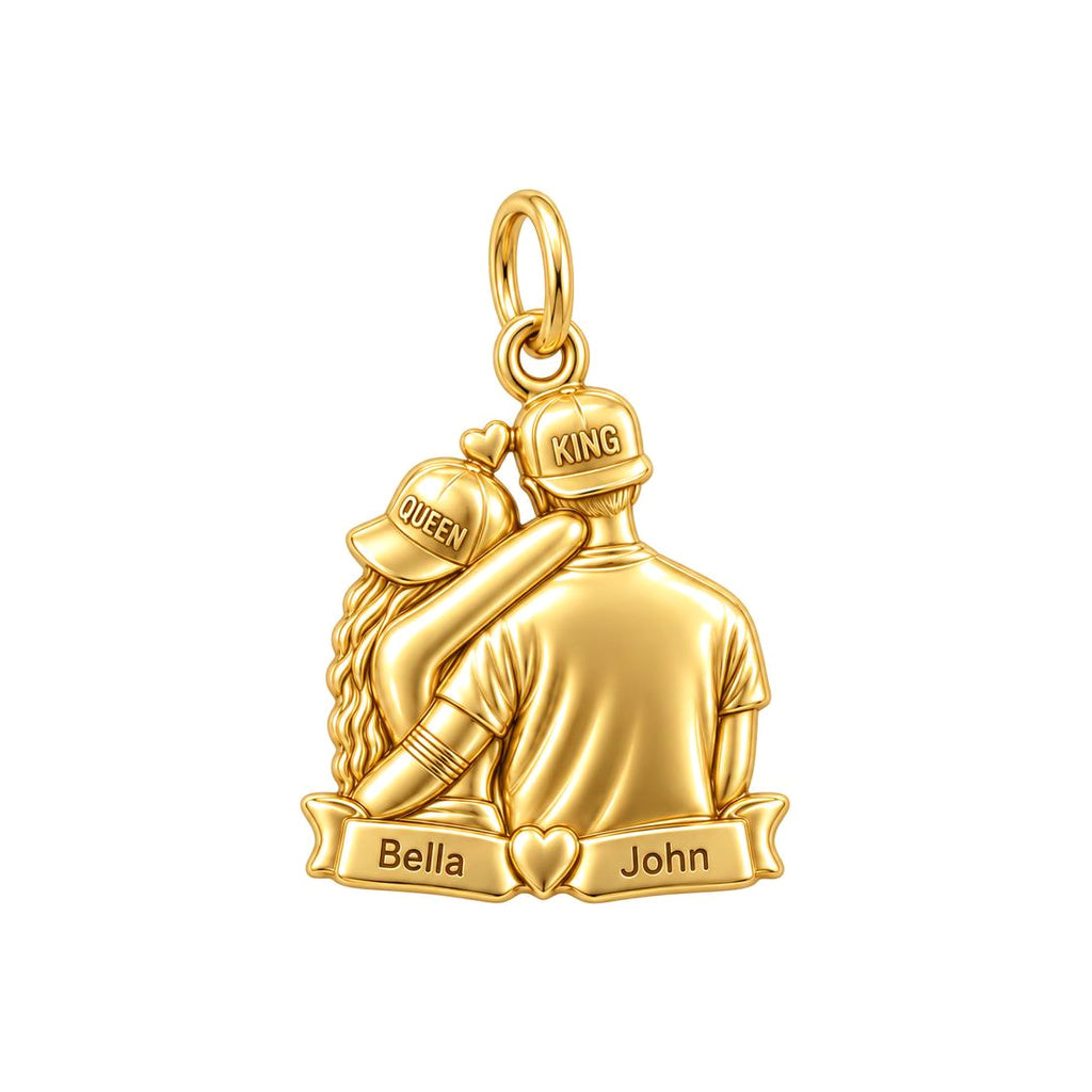King and Queen Couple Charm Bracelet – Personalized Couple Gift – 18K gold charm, front view