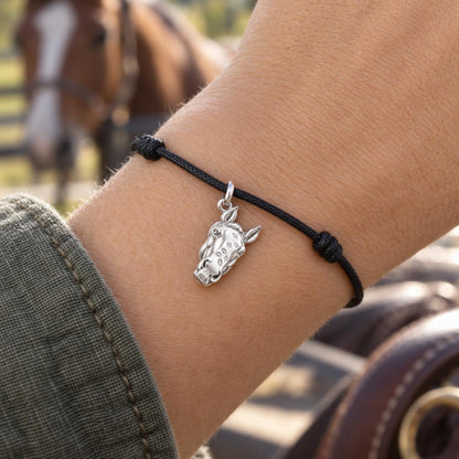 Kisses for My Horse Charm Bracelet – Personalized Horse Mom Gift – worn on the wrist on a black cord bracelet