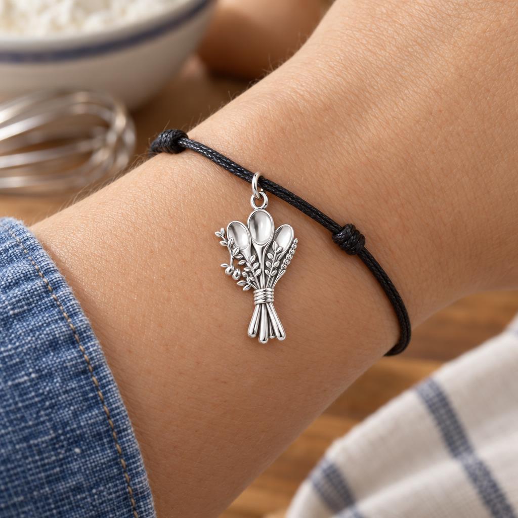 Kitchen Bouquet Charm Bracelet – Personalized Baker Gift – worn on the wrist on a black cord bracelet