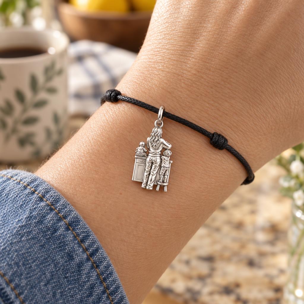 Kitchen Counter Moments Charm Bracelet – Personalized Mom Gift – worn on the wrist on a black cord bracelet