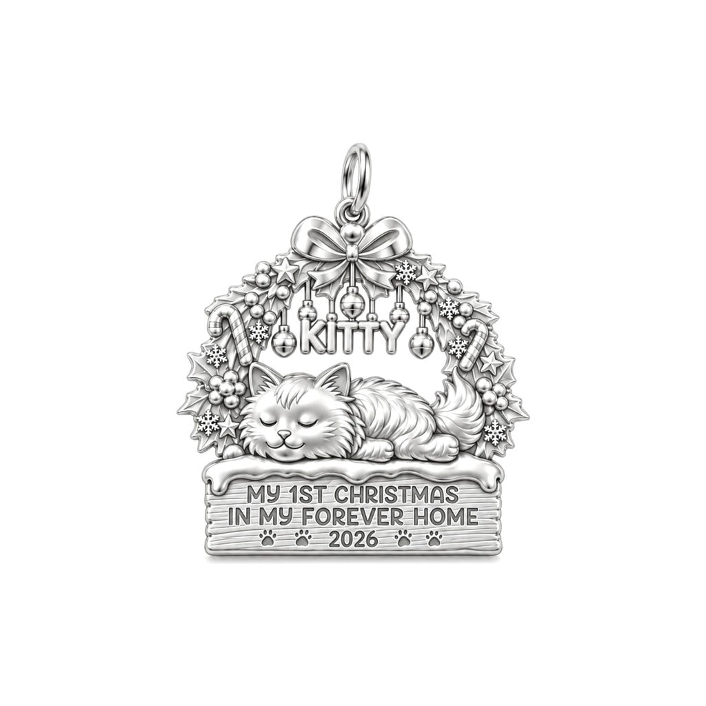 Kitty's First Christmas Charm Bracelet – Personalized Cat Mom Gift – silver plated 3 cm charm, front view