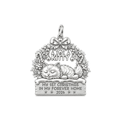 Kitty's First Christmas Charm Bracelet – Personalized Cat Mom Gift – silver plated 3 cm charm, front view