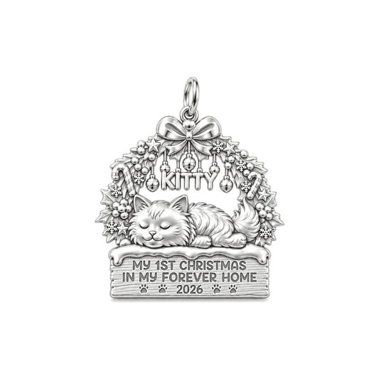Kitty's First Christmas Charm Bracelet – Personalized Cat Mom Gift – silver plated 3 cm charm, front view