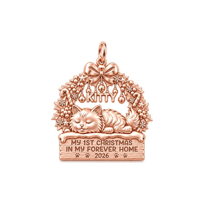 Kitty's First Christmas Charm Bracelet – Personalized Cat Mom Gift – rose gold 3 cm charm, front view
