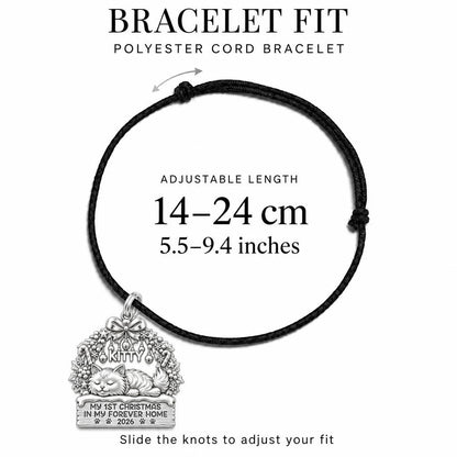 Kitty's First Christmas Charm Bracelet – Personalized Cat Mom Gift – adjustable black cord bracelet, 14–24 cm