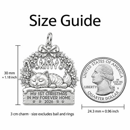Kitty's First Christmas Charm Bracelet – Personalized Cat Mom Gift – size guide, 3 cm charm next to a quarter