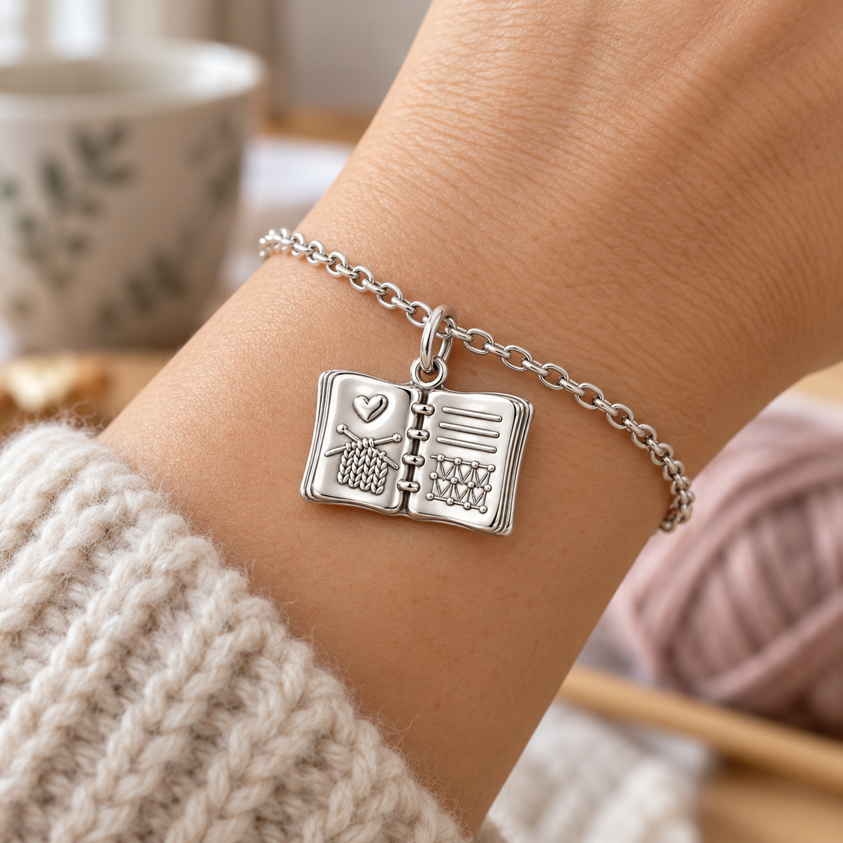 Knitting Pattern Notebook Charm and Polyester Cord Bracelet Set