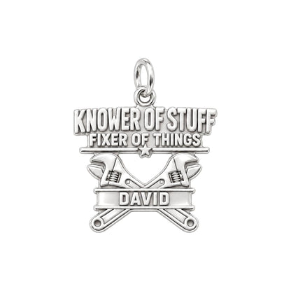 Knower Of Stuff Charm Bracelet – Personalized Dad Gift – silver plated 3 cm charm, front view