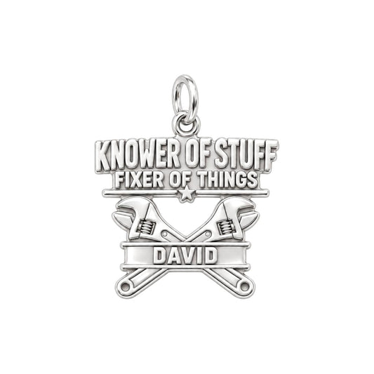 Knower Of Stuff Charm Bracelet – Personalized Dad Gift – silver plated 3 cm charm, front view