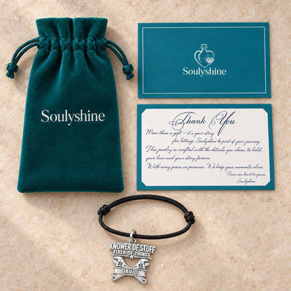 Knower Of Stuff Charm Bracelet – Personalized Dad Gift – Soulyshine velvet pouch and gift card