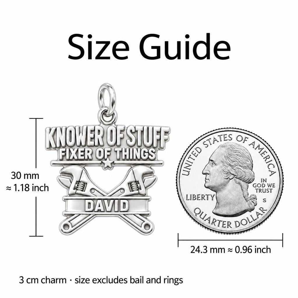Knower Of Stuff Charm Bracelet – Personalized Dad Gift – size guide, 3 cm charm next to a quarter