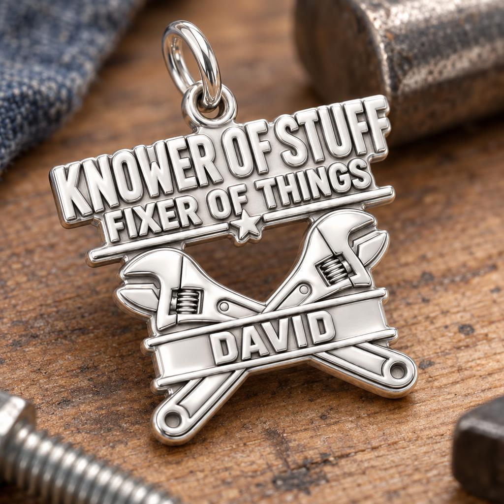 Knower Of Stuff Charm Bracelet – Personalized Dad Gift – macro detail of the charm