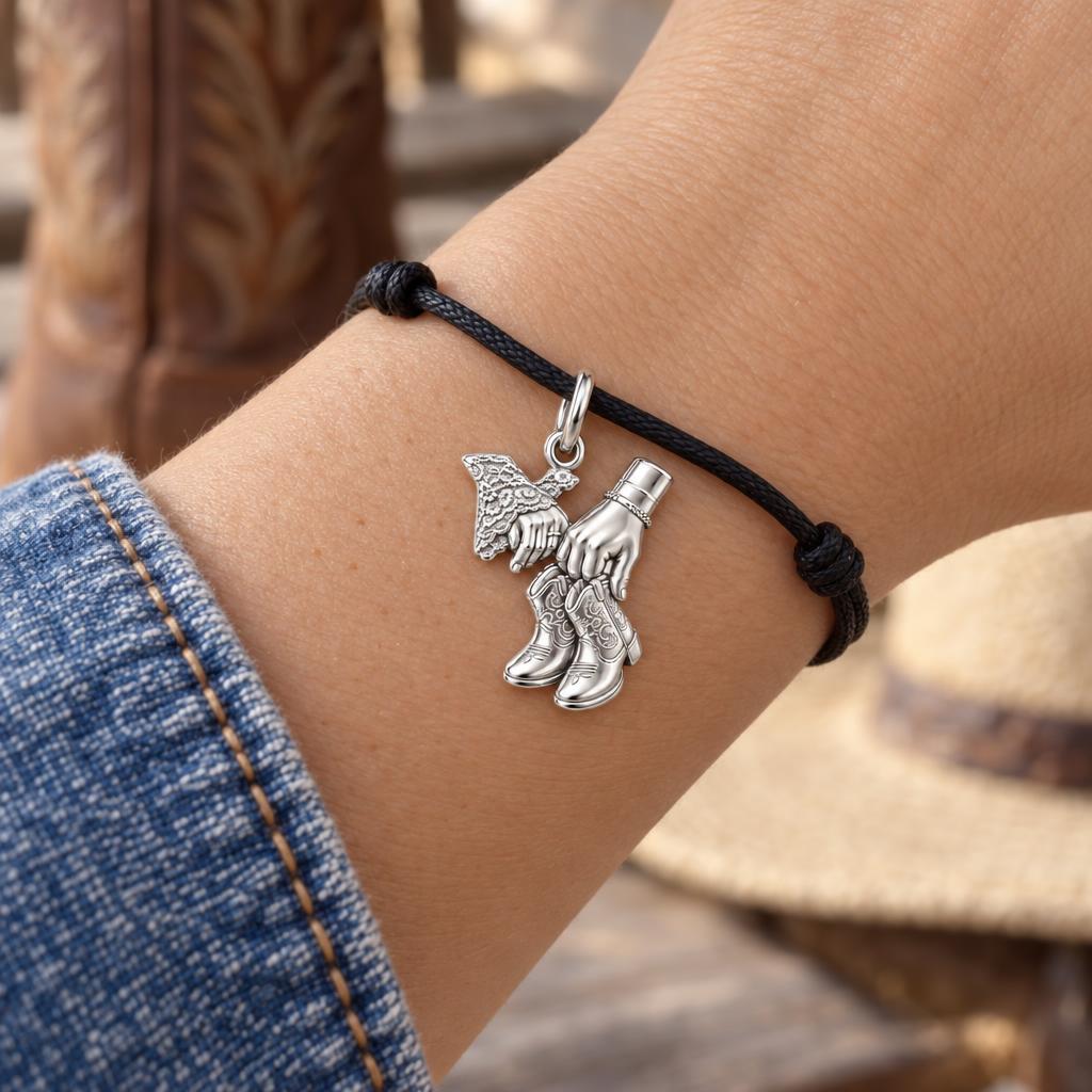 Lace and Leather Charm Bracelet – Personalized Couple Gift – worn on the wrist on a black cord bracelet