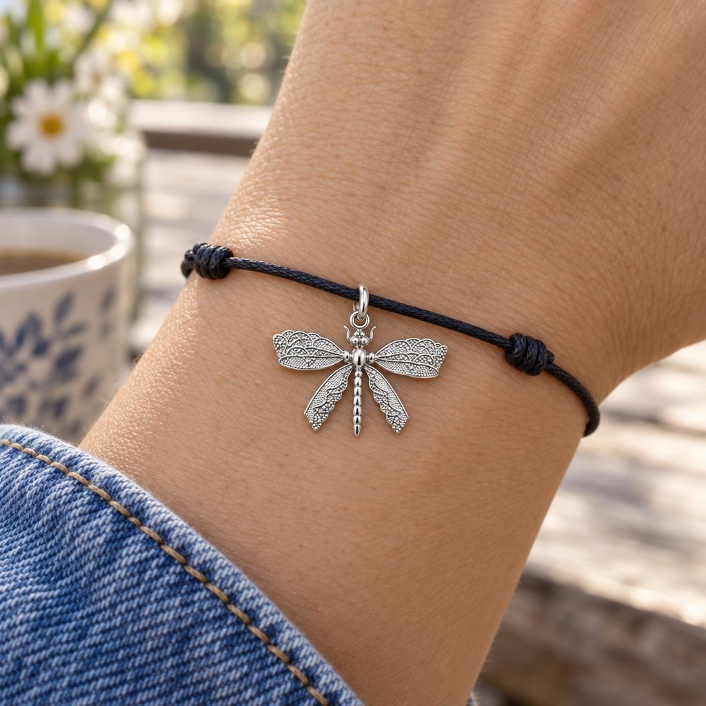 Lace Wing Dragonfly Charm Bracelet – Personalized Mom Gift – worn on the wrist on a black cord bracelet