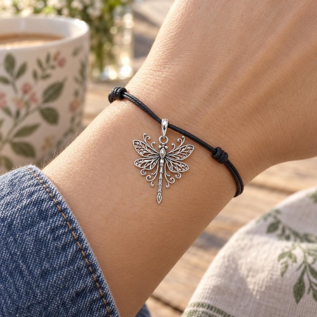 Lacy Wings Dragonfly Charm Bracelet – Personalized Mom Gift – worn on the wrist on a black cord bracelet