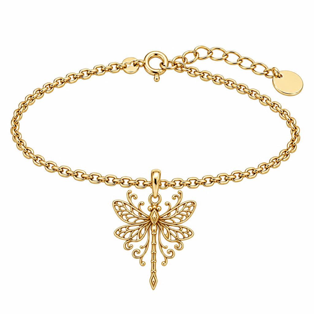 Lacy Wings Dragonfly Charm Bracelet Set – 18K gold, front view