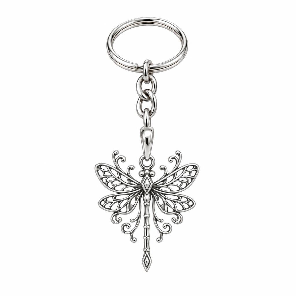 Lacy Wings Dragonfly Charm Keychain – silver, front view