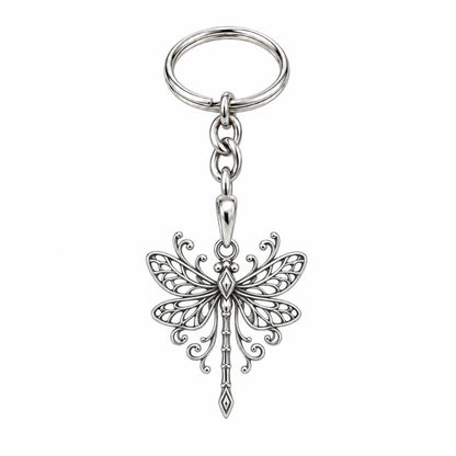 Lacy Wings Dragonfly Charm Keychain – silver, front view