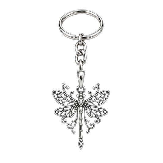 Lacy Wings Dragonfly Charm Keychain – silver, front view