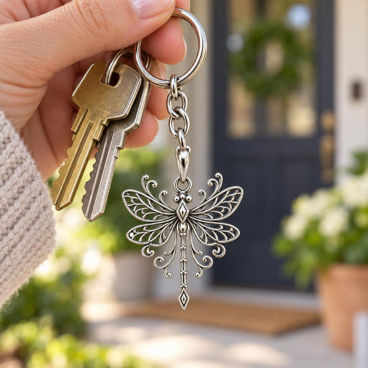 Lacy Wings Dragonfly Charm Keychain – worn / in use