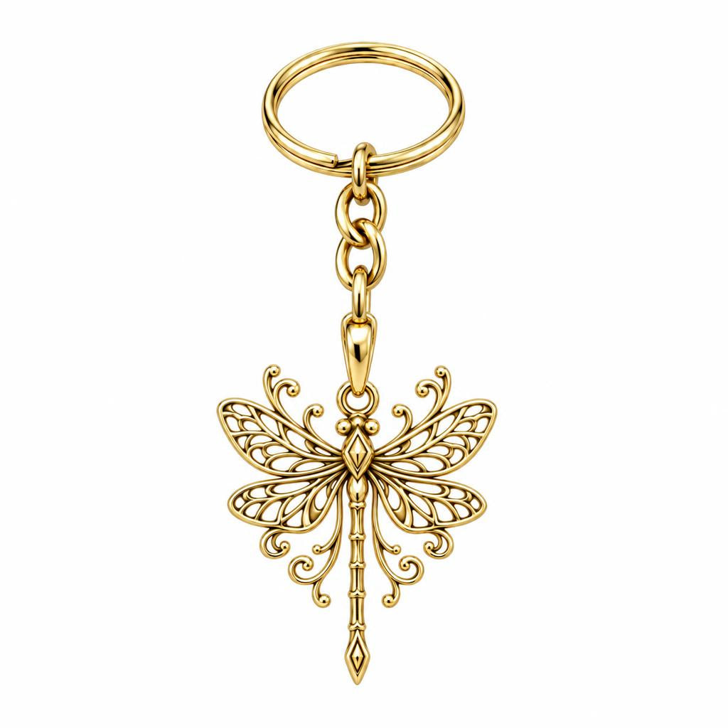 Lacy Wings Dragonfly Charm Keychain – 18K gold, front view