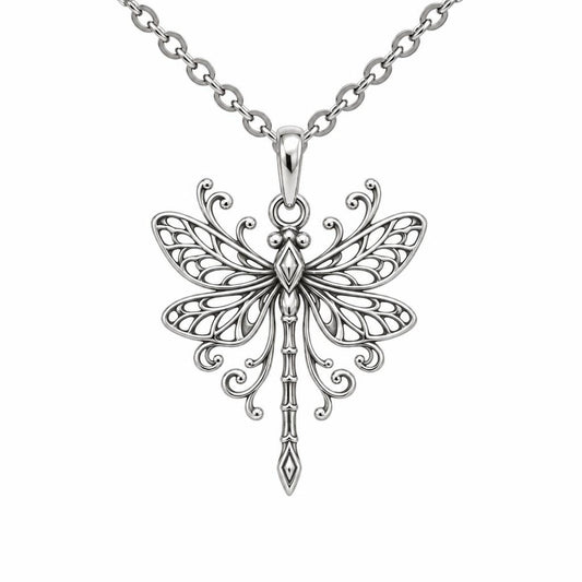 Lacy Wings Dragonfly Charm Necklace Set – silver, front view