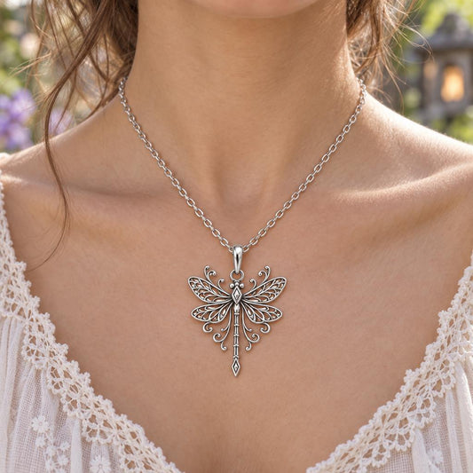 Lacy Wings Dragonfly Charm Necklace Set – worn / in use