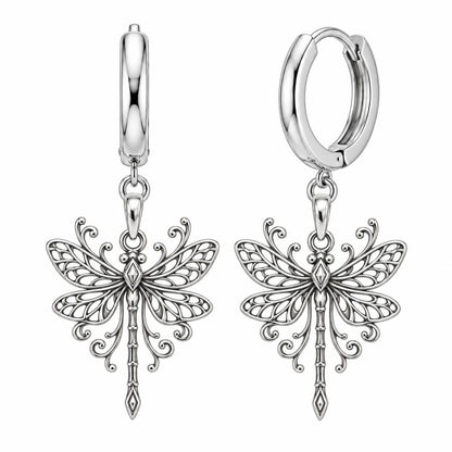 Lacy Wings Dragonfly Huggie Charm Earrings – silver, front view