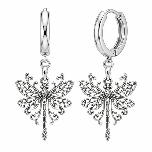 Lacy Wings Dragonfly Huggie Charm Earrings – silver, front view