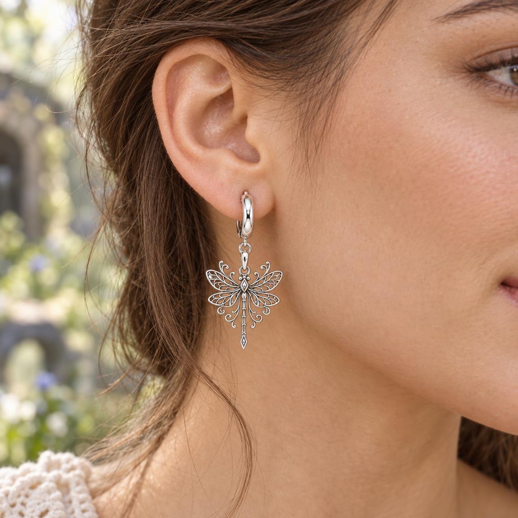 Lacy Wings Dragonfly Huggie Charm Earrings – worn / in use