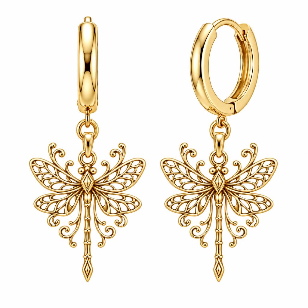 Lacy Wings Dragonfly Huggie Charm Earrings – 18K gold, front view