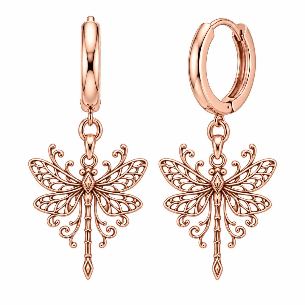 Lacy Wings Dragonfly Huggie Charm Earrings – rose gold, front view