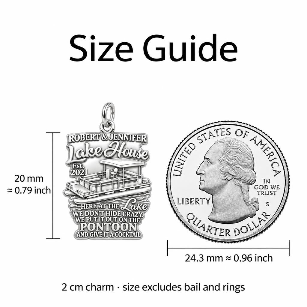 Lake House Pontoon Charm Bracelet – Personalized Couple Gift – size guide, 2 cm charm next to a quarter