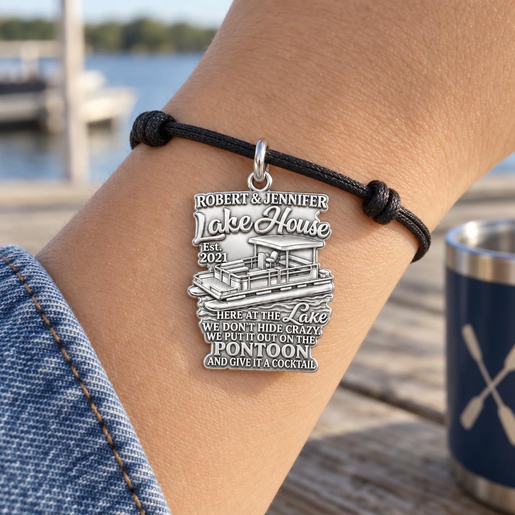 Lake House Pontoon Charm Bracelet – Personalized Couple Gift – worn on the wrist on a black cord bracelet