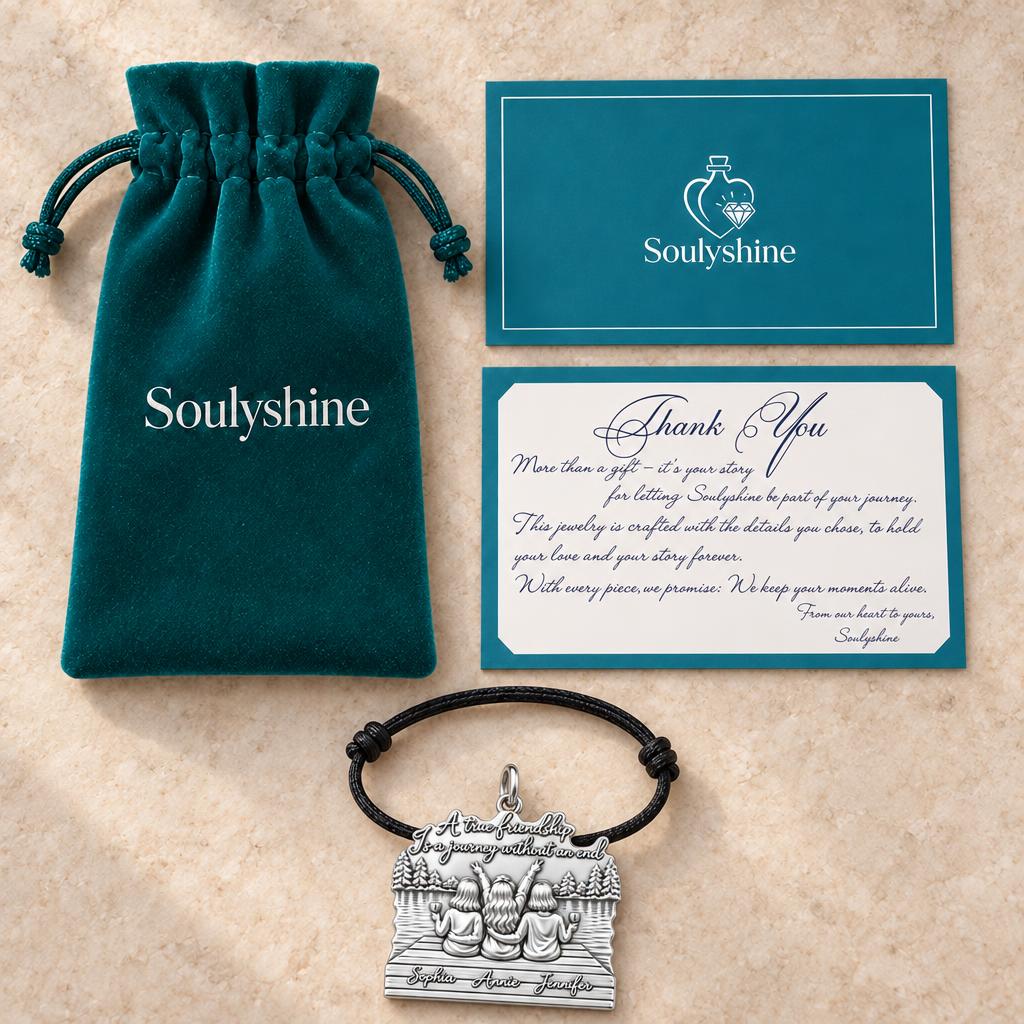 Lakeside Best Friends Charm Bracelet – Personalized Couple Gift – Soulyshine velvet pouch and gift card