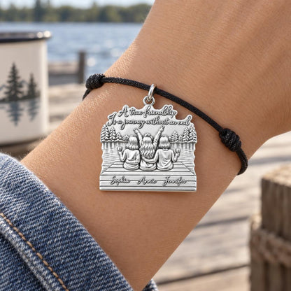 Lakeside Best Friends Charm Bracelet – Personalized Couple Gift – worn on the wrist on a black cord bracelet
