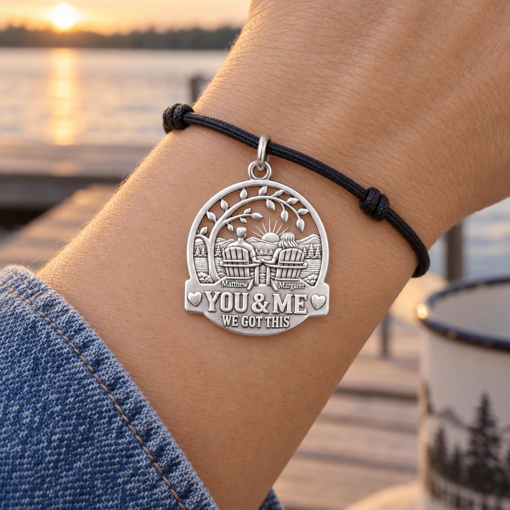 Lakeside Sunset Charm Bracelet – Personalized Couple Gift – worn on the wrist on a black cord bracelet