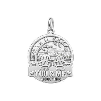 Lakeside Sunset Retreat Charm Bracelet – Personalized Couple Gift – silver plated 3 cm charm, front view