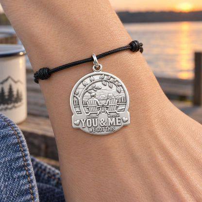 Lakeside Sunset Retreat Charm Bracelet – Personalized Couple Gift – worn on the wrist on a black cord bracelet