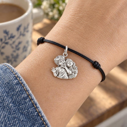 Laughter and Love Charm Bracelet – Personalized Mom Gift – worn on the wrist on a black cord bracelet