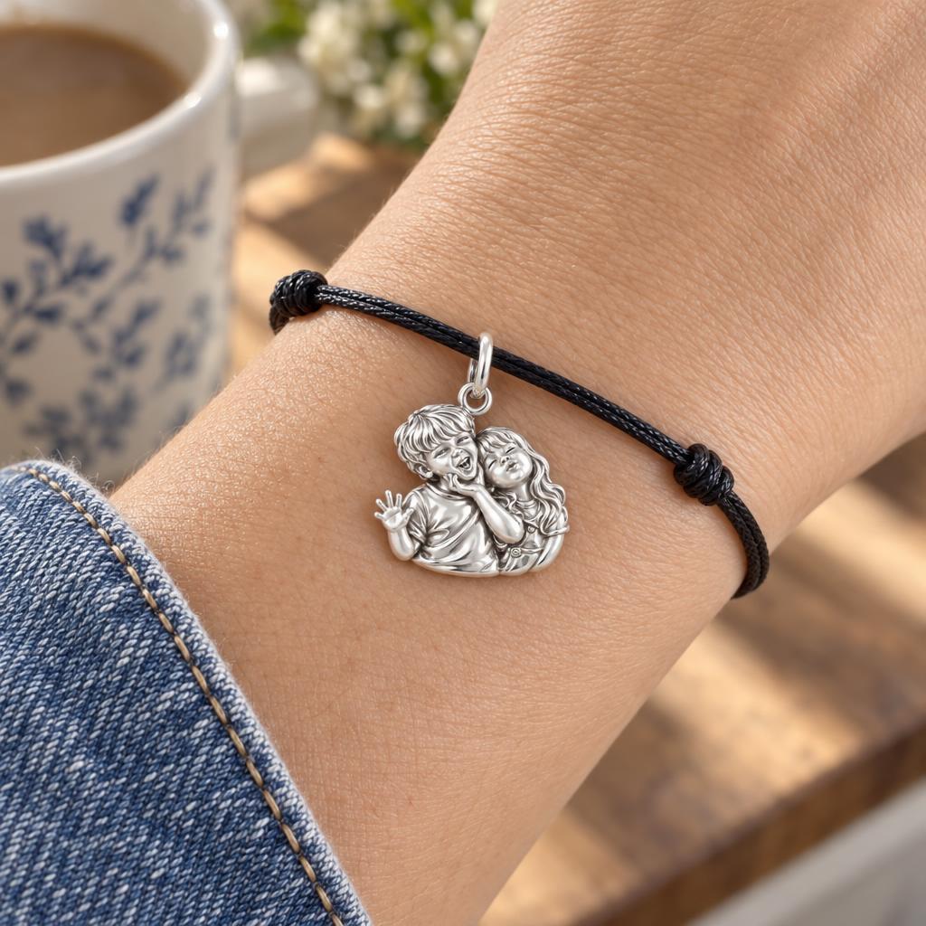 Laughter and Love Charm Bracelet – Personalized Mom Gift – worn on the wrist on a black cord bracelet