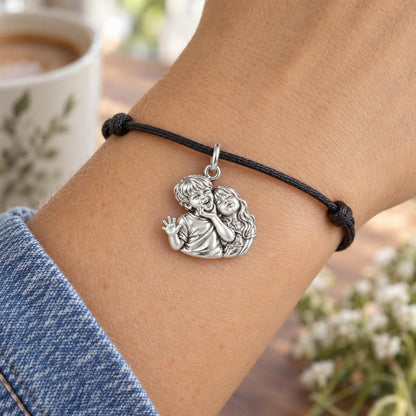 Laughter and Love Charm Bracelet – Personalized Mom Gift – worn on the wrist on a black cord bracelet