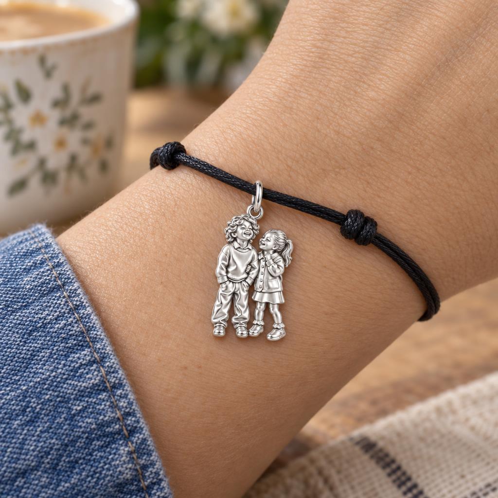 Laughter and Love Siblings Charm Bracelet – Personalized Mom Gift – worn on the wrist on a black cord bracelet
