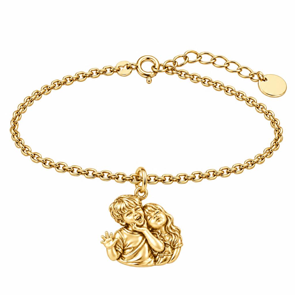 Laughter and Love Siblings Charm Bracelet Set – 18K gold, front view