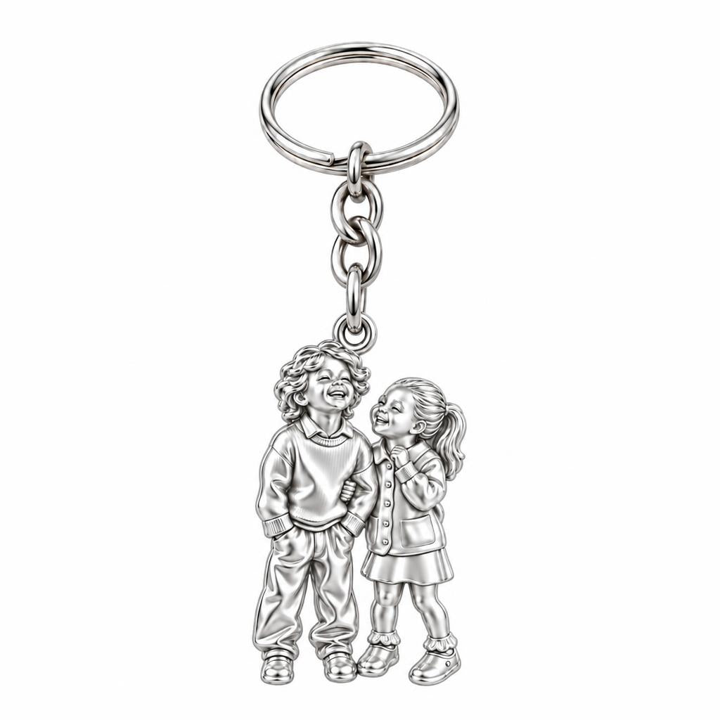 Laughter and Love Siblings Charm Keychain – silver, front view