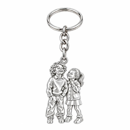 Laughter and Love Siblings Charm Keychain – silver, front view